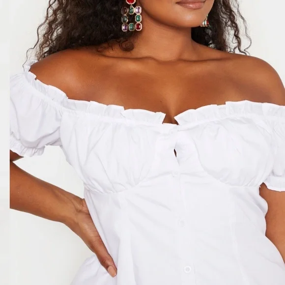 PrettyLittleThing Plus White Button Front Puff Sleeve Shift Dress 14 - Picture 3 of 12